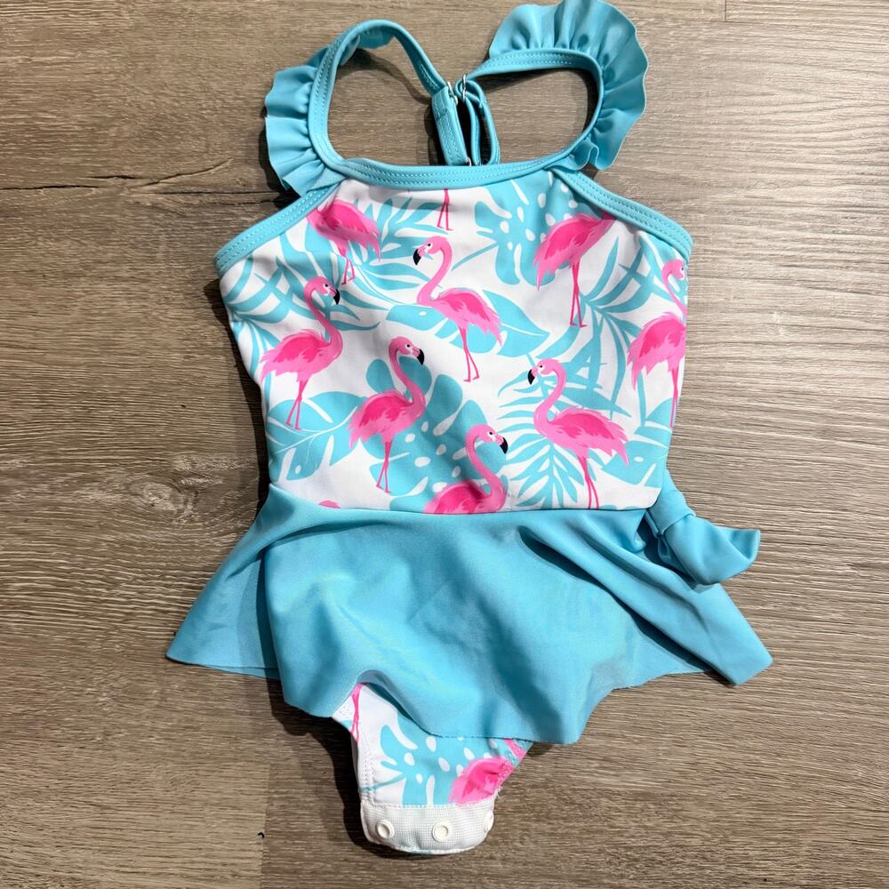 Flamingo Swimsuit Baby Blue Pink One Piece Skirt 12-18 Months